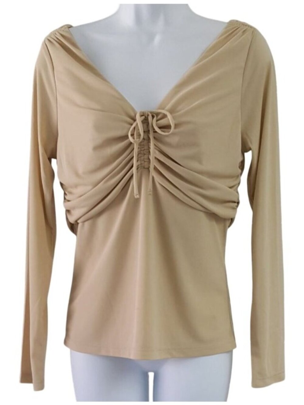 The Limited Womens Gauzy Top Tan Brown Medium Long Sleeve Adjustable V Neck NEW